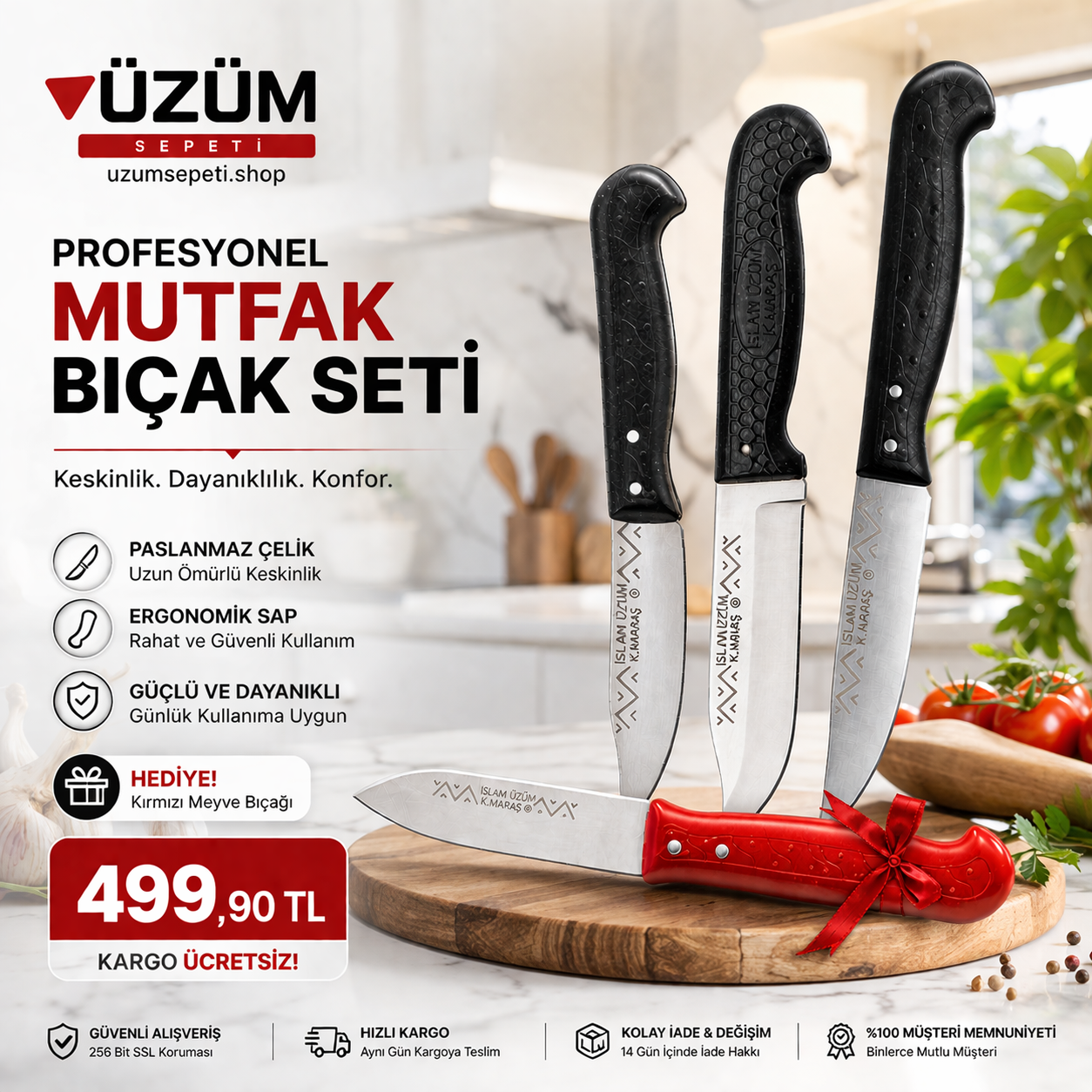 Usta Kalite 4’lü Bıçak Seti Paslanmaz Çelik Ultra Keskin Ergonomik Saplı Kargo Ücretsiz
