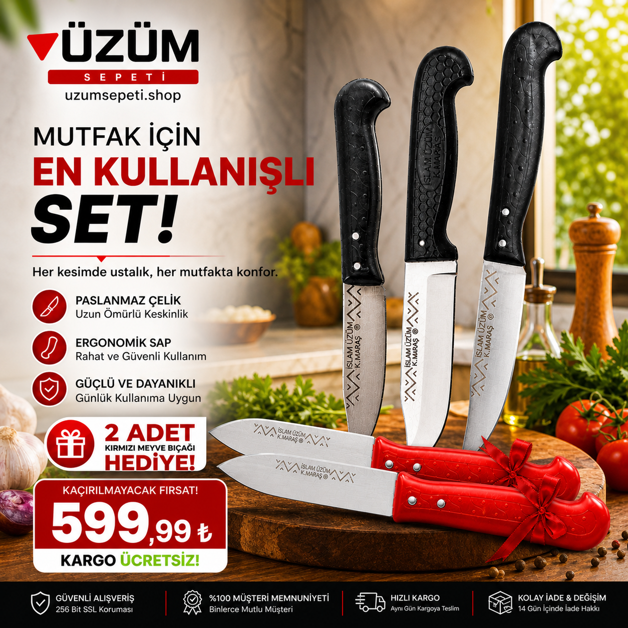 Usta Kalite 5’li Bıçak Seti Paslanmaz Çelik Ultra Keskin Ergonomik Saplı Kargo Ücretsiz