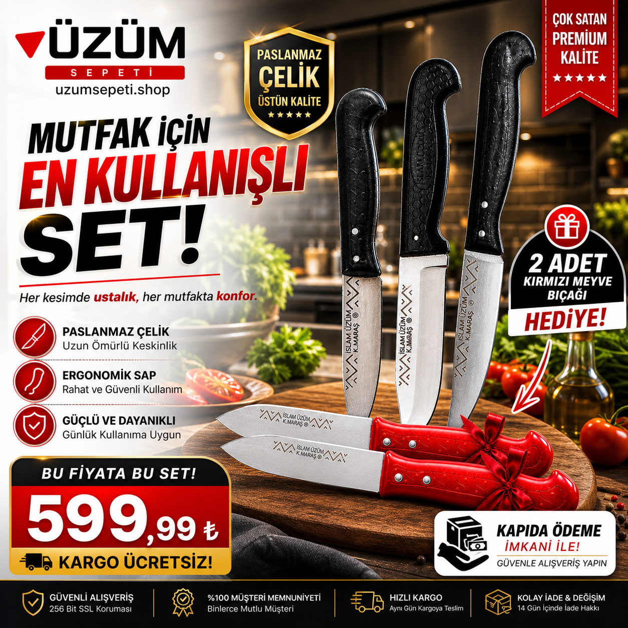 Usta Kalite 5’li Bıçak Seti Paslanmaz Çelik Ultra Keskin Ergonomik Saplı Kargo Ücretsiz