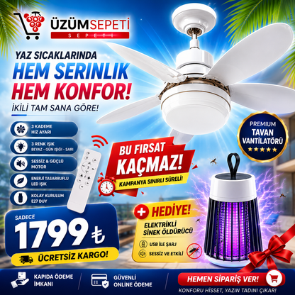 Uzaktan Kumandalı Fan Lamba + Sivrisinek Öldürücü HEDİYE | 3 Kademeli Hız Ayarı | E27 Duy | Kargo Dahil