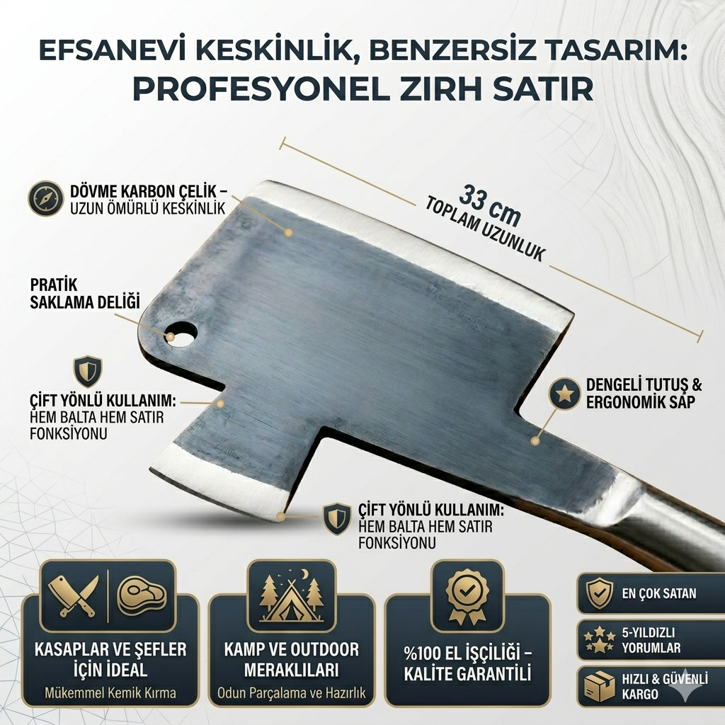 🏆 Profesyonel Dövme Çelik Mutfak Satırı - Zırh Tipi Et ve Sebze Doğrayıcı
