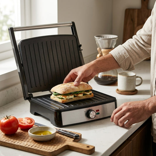 2200W Izgara & Tost Makinesi – Ayarlanabilir Isı, Geniş Plaka, 180° Açılabilir